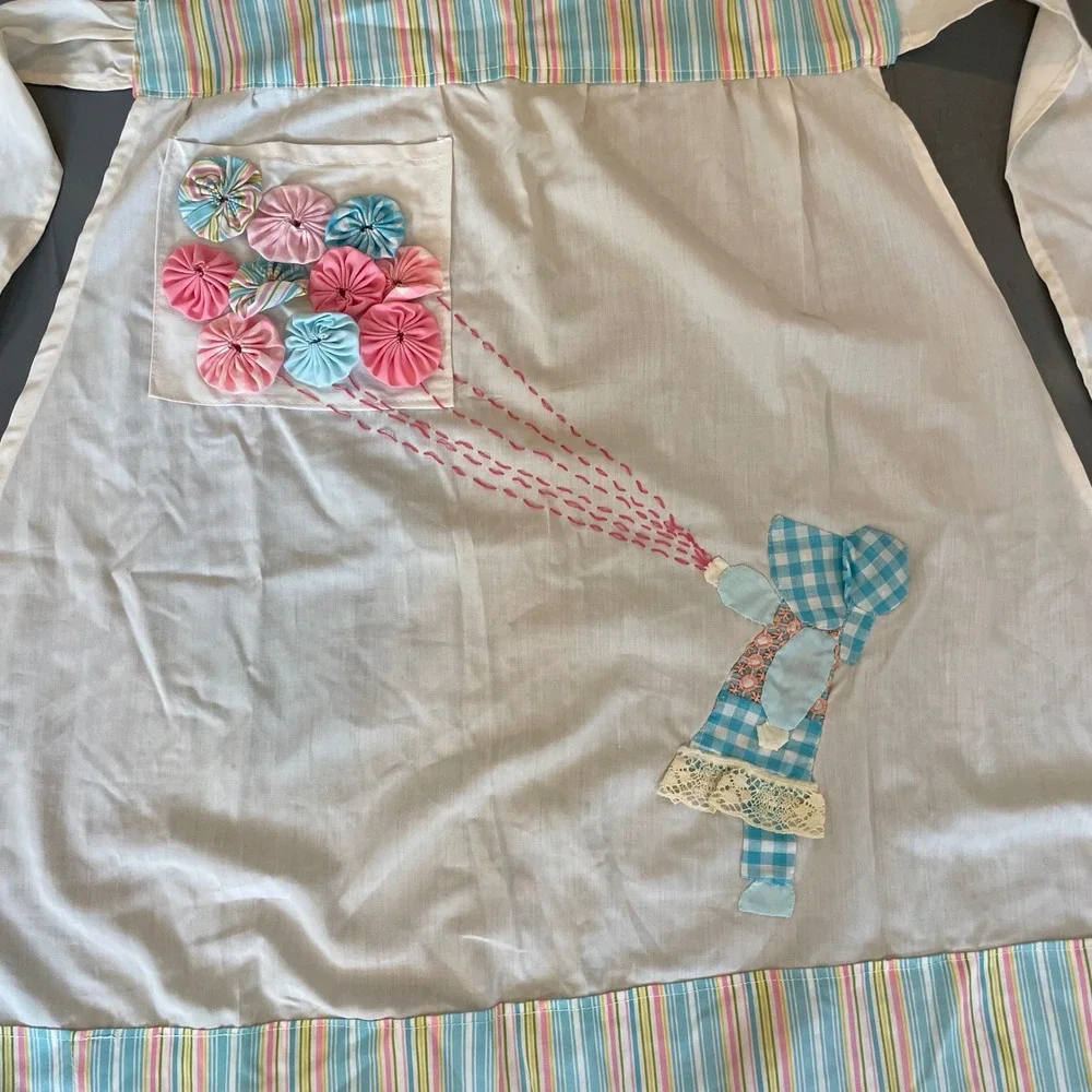 VTG Handmade Sunbonnet Sue Half Apron 3D Balloons‎ Pastel Striped Cottagecore